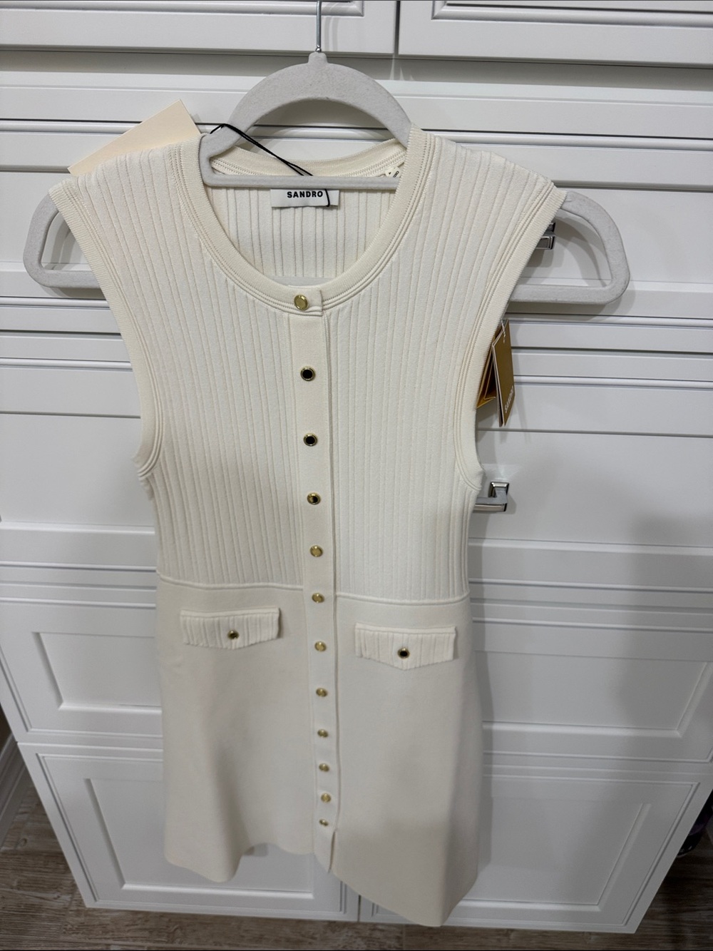 Sandro Ivory Sleeveless Ribbed Knit Mini Dress with Gold Buttons